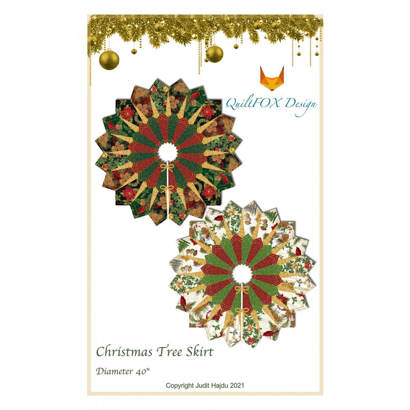 Two variations of the Christmas Tree Skirts pattern, completed against a white background with gold Christmas ornaments along the top.