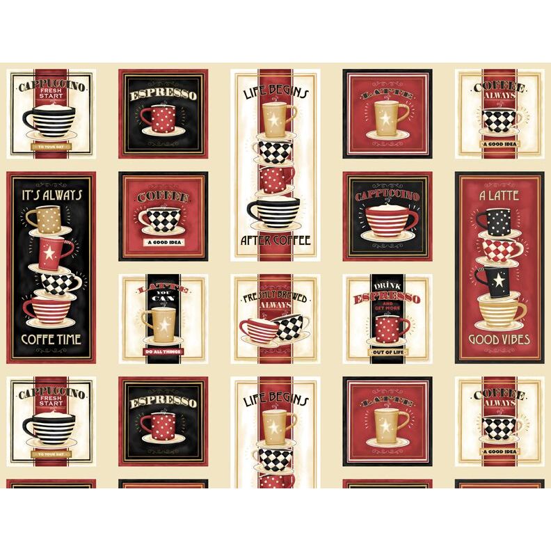 A panel with squares and rectangles filled with coffee mugs and coffee sayings.