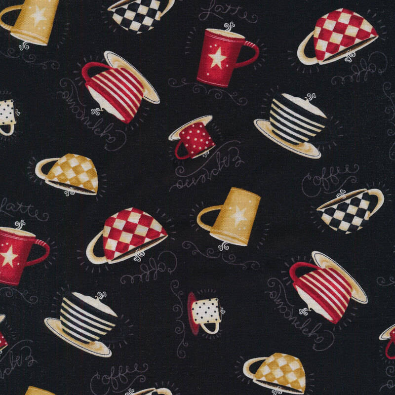 Fabric with scattered coffee mugs, coffee related words, and swirls all over a black background.