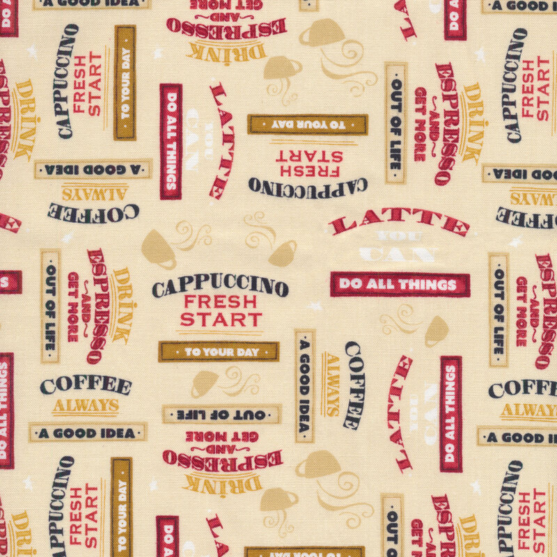 Fabric of small coffee cups and stars, and coffee related sayings, all over a cream background