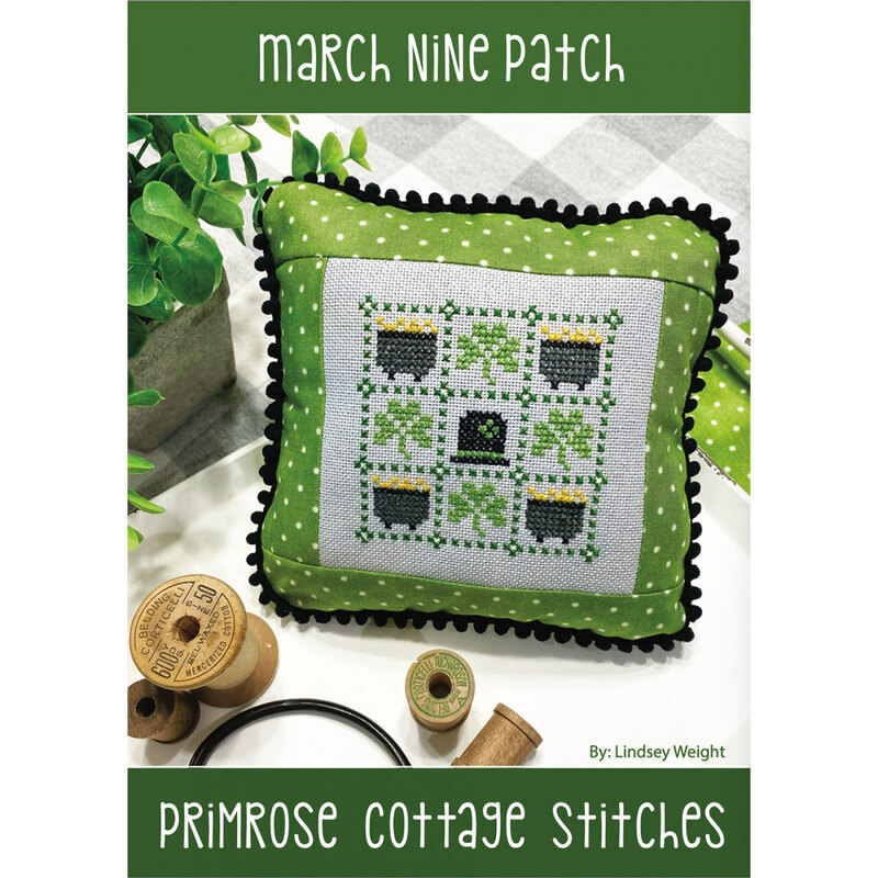 The front of the March Nine Patch Cross Stitch Pattern by Lindsey Weight for Primrose Cottage Stitches showing the finished project.