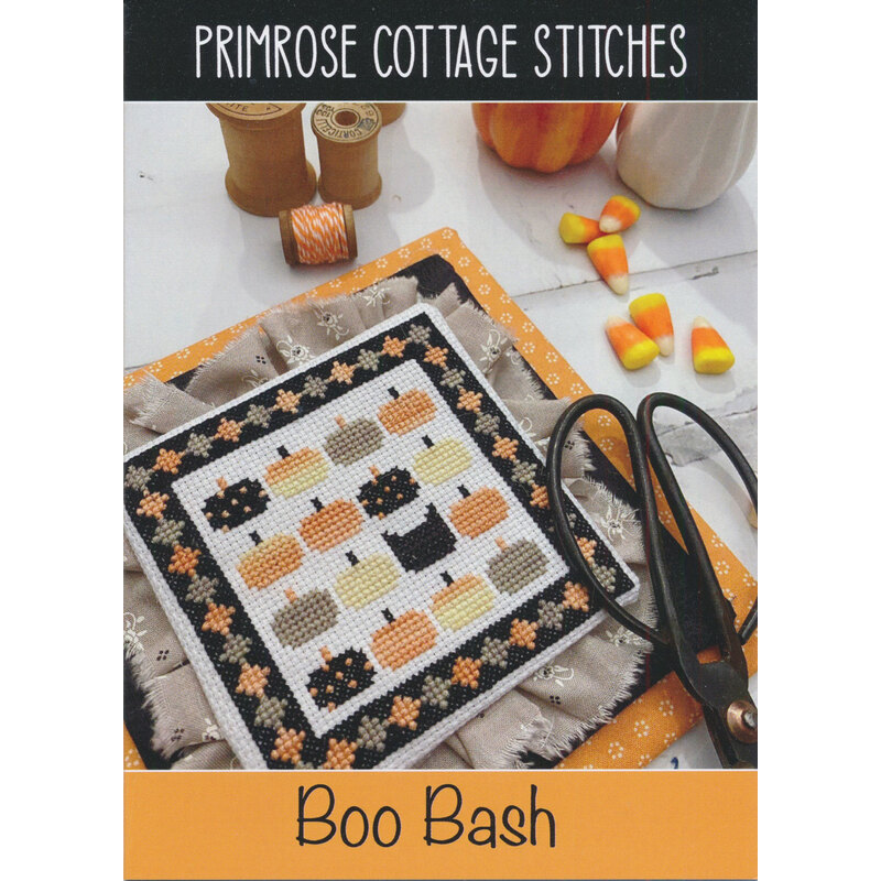 The front of the Boo Bash Cross Stitch pattern by Lindsey Weight for Primrose Cottage Stitches showing the finished project.