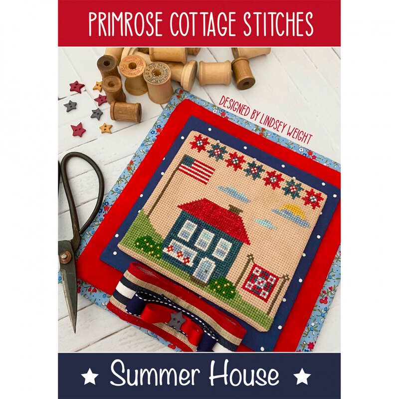 The front of the Summer House Cross Stitch pattern by Lindsey Weight for Primrose Cottage Stitches showing the finished project.