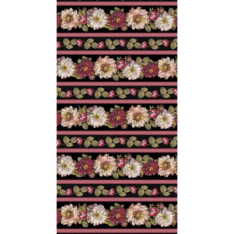 Border print with stripes of flowers and leaves and vines all on a black background