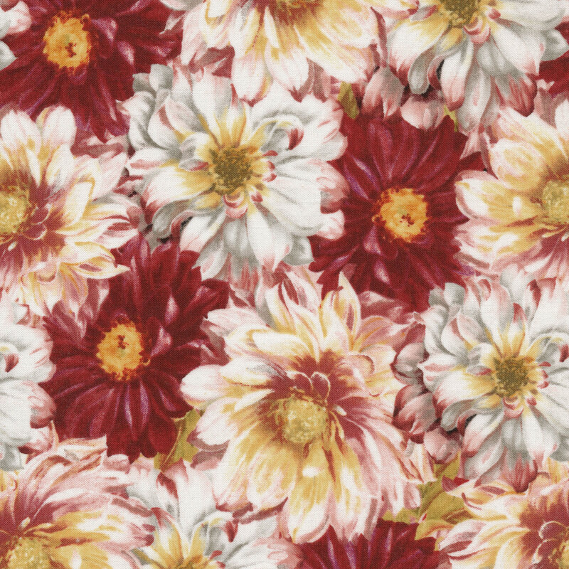 Fabric of scattered large painted flowers in wine and cream colors
