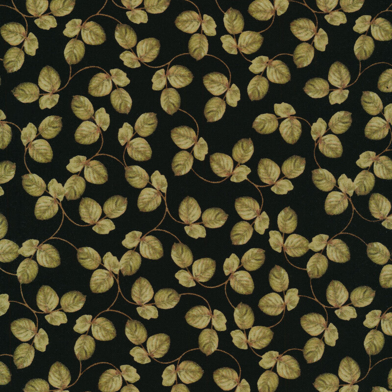 Fabric of leaves and vines on a black background