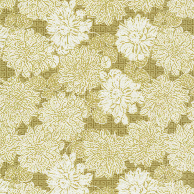 Fabric of cream flowers and leaves on a green geometric background