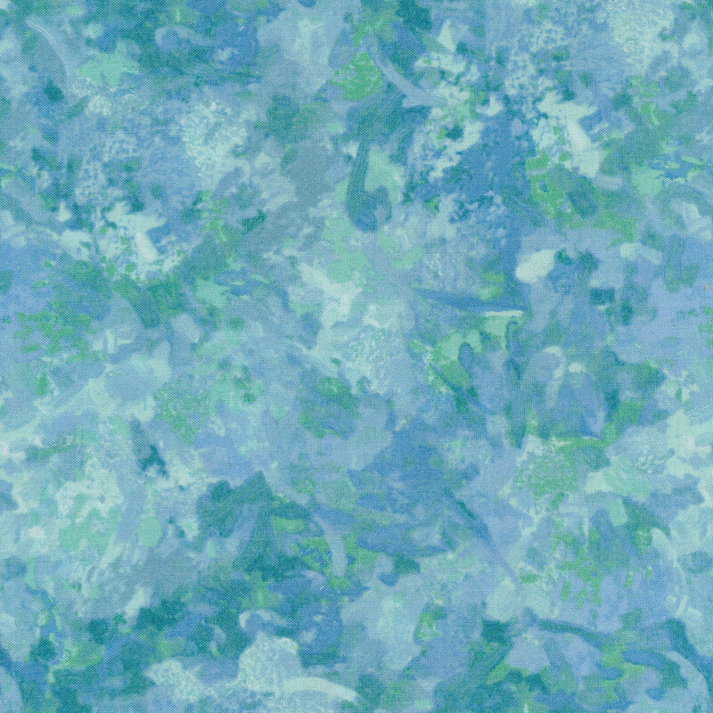 Fabric of a watercolor mottled print in a light blue with subtle seafoam green accents