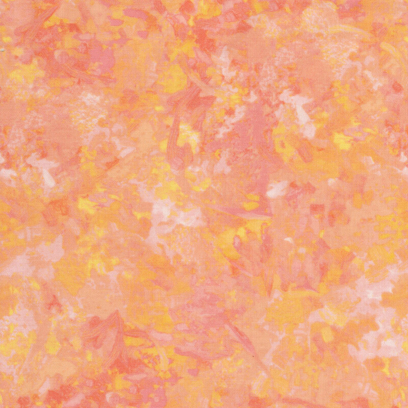 Fabric of a watercolor mottled print in a coral with orange and yellow accents