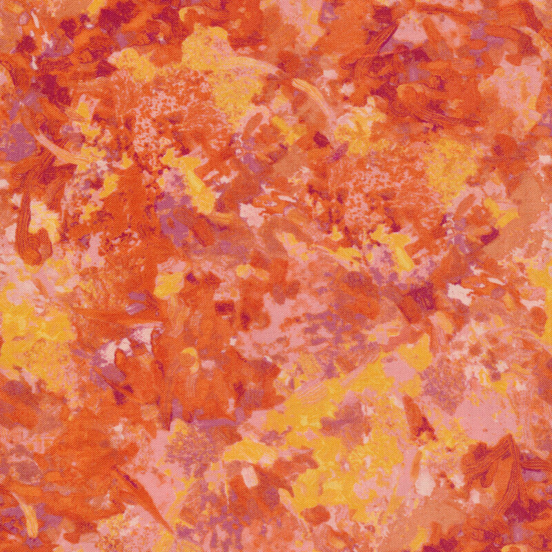 Fabric of a watercolor mottled print in multiple colors such as tiger lily orange, lilac, coral, and yellow