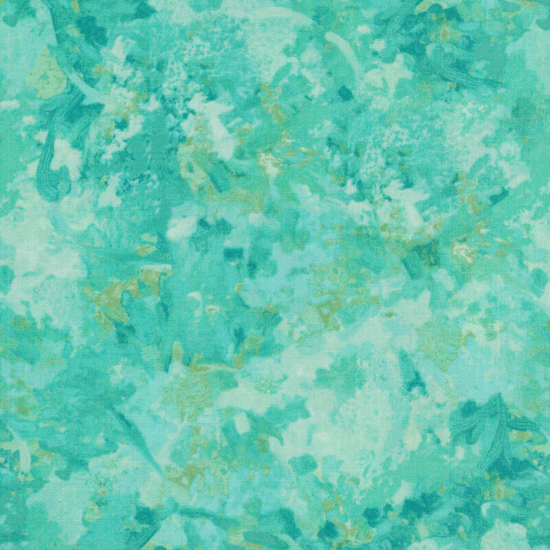 Fabric of a watercolor mottled print in a bright aqua with subtle seafoam green accents