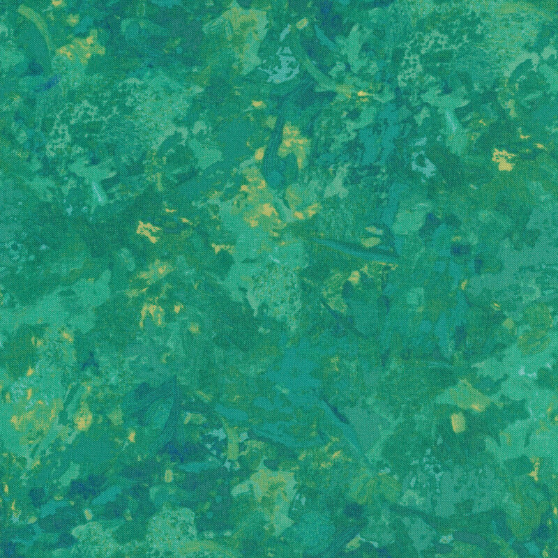 Fabric of a watercolor mottled print in a deep teal with subtle seafoam green and yellow accents