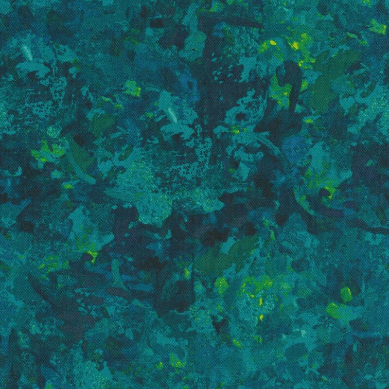 Fabric of a watercolor mottled print in a dark teal with subtle jade and yellow accents