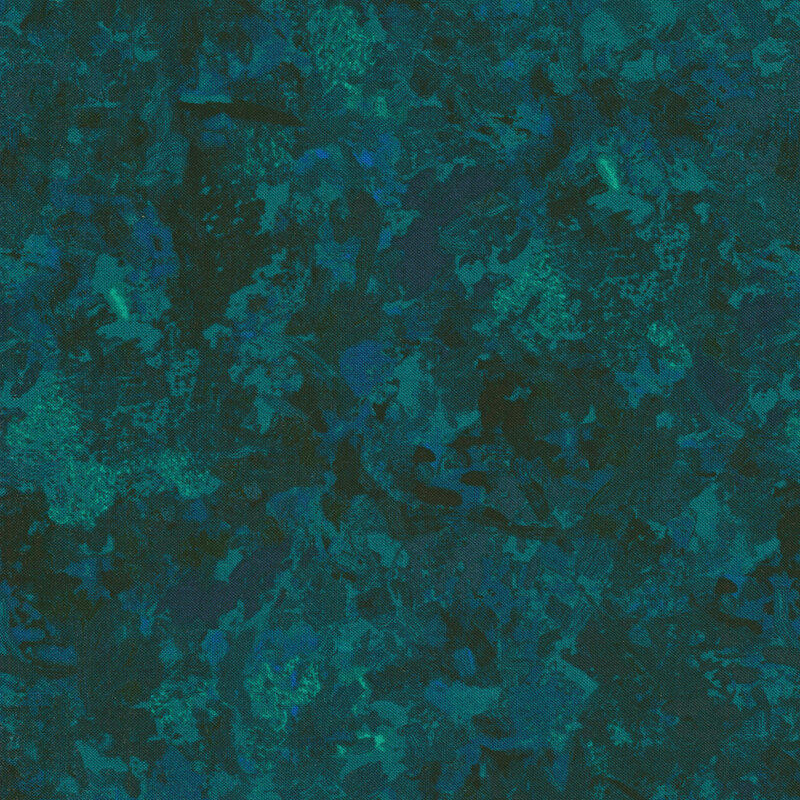 Fabric of a watercolor mottled print in a dark teal with navy accents