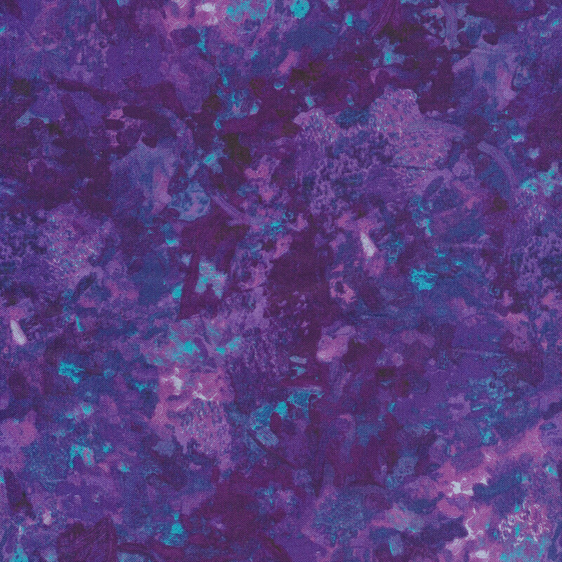 A fabric with a mottled watercolor texture in a royal purple color with subtle aqua and pink accents