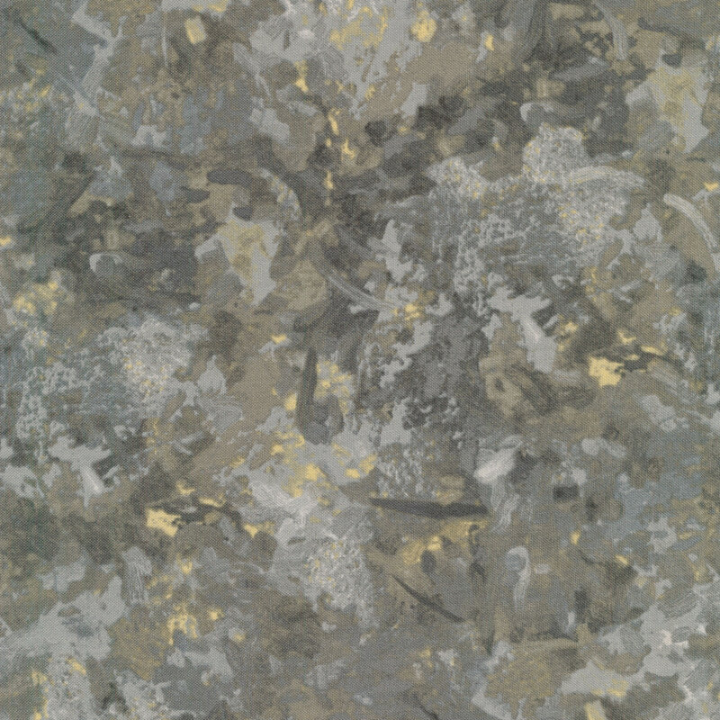 A fabric with a mottled watercolor texture in a dark gray color with subtle light gray and tan accents