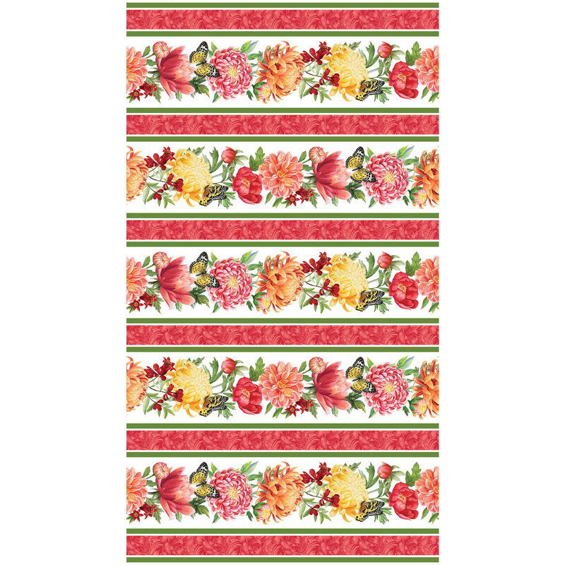 Full image repeat of striped fabric of multiple flowers in various colors and butterflies