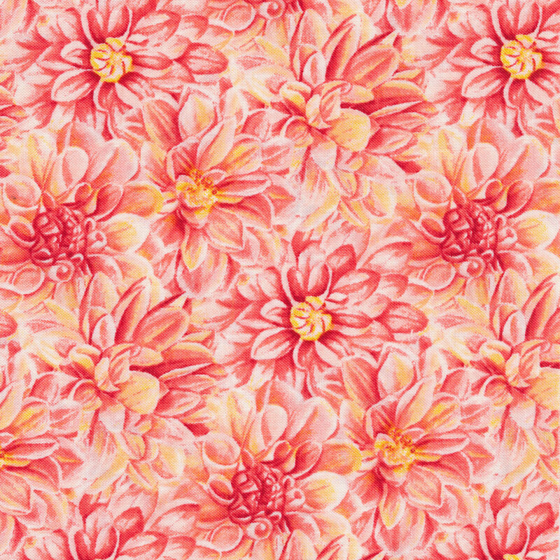 Tonal fabric of a collage of coral dahlias