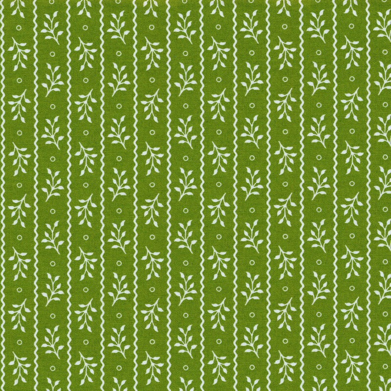 Green fabric with small white flowers and wavy stripes