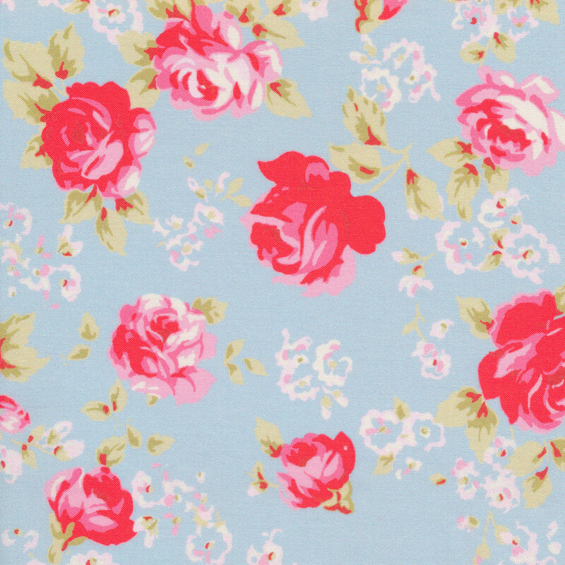 Light blue fabric with bright red roses all over