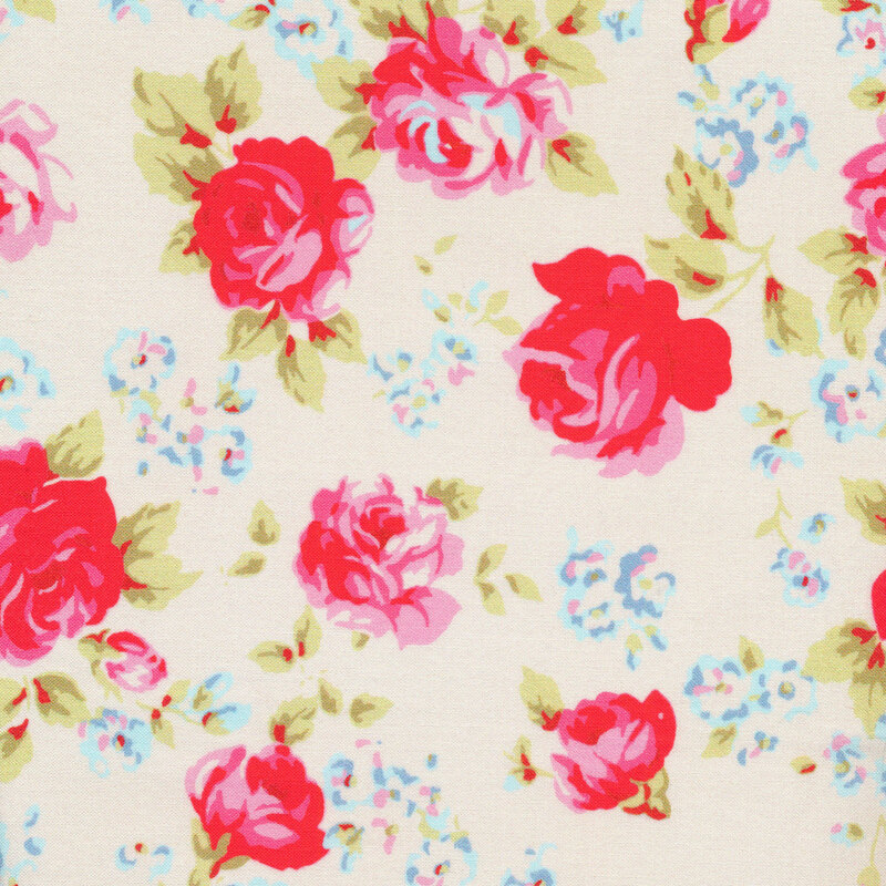 Cream fabric with bright red roses all over