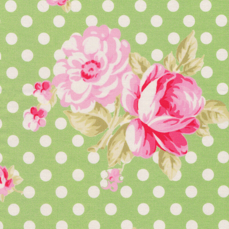 Green fabric with large pink roses and white polka dots all over