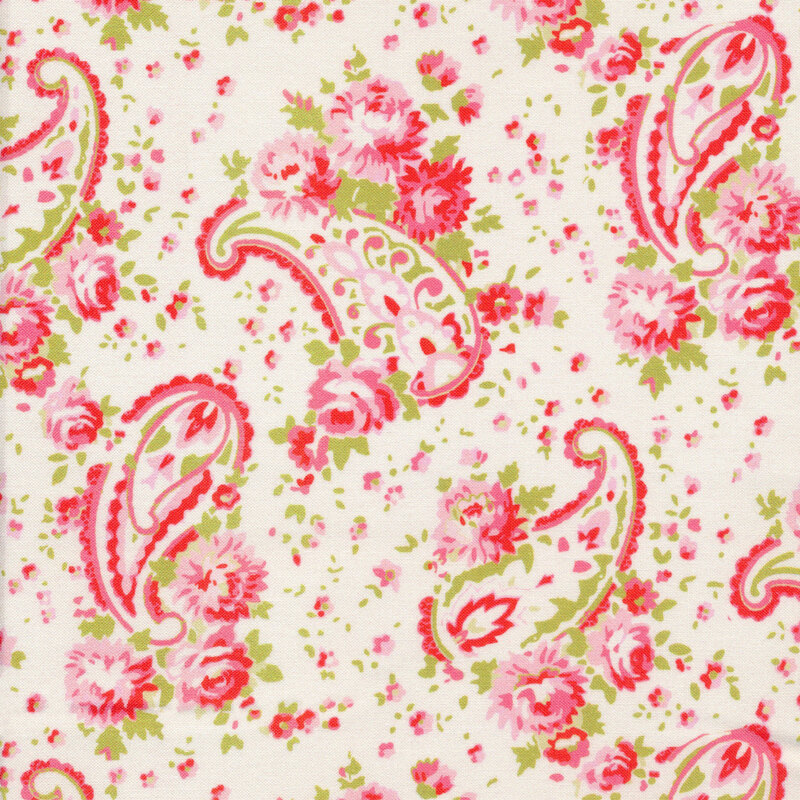 Fabric of large roses, small florals, and large paisleys tossed all over a cream background