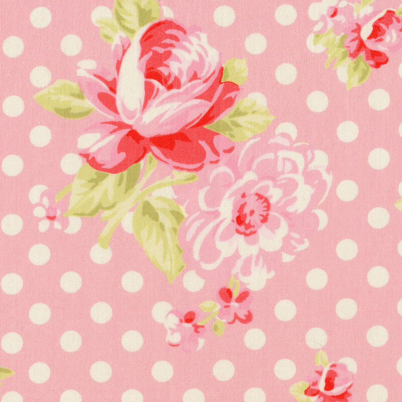 Pink fabric with large pink roses and white polka dots all over