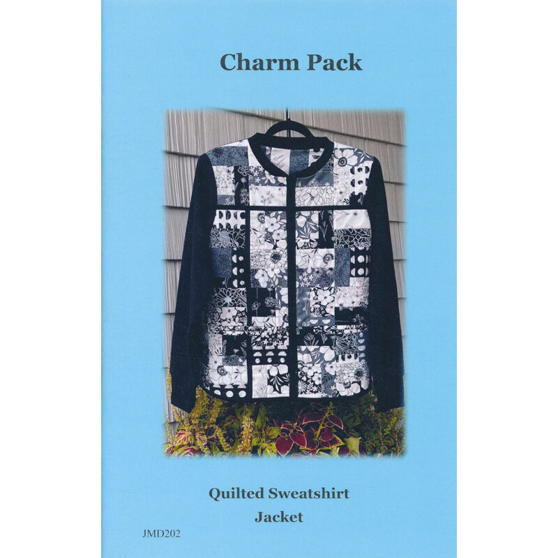 Blue front cover of Charm Pack Quilted Sweatshirt Pattern booklet featuring a black and white sweatshirt