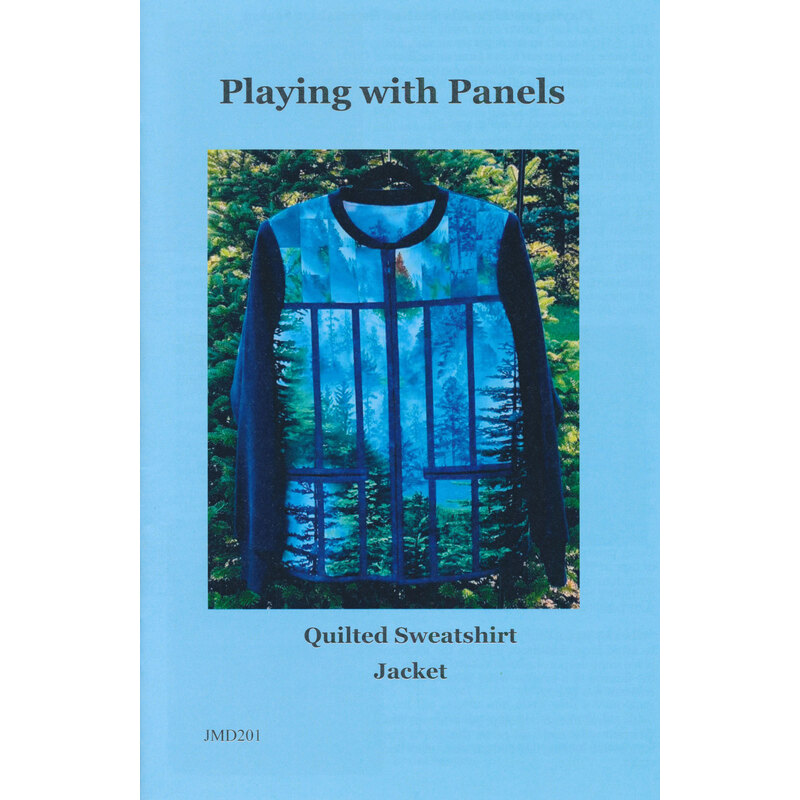 front cover of Playing With Panels pattern featuring a photo of the finished jacket hanging in front of an evergreen tree against a blue background