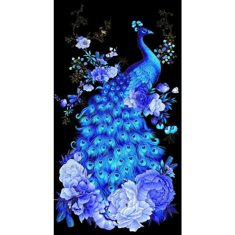 Metallic accent panel with a large peacock among flowers, feathers, and swirling leaves and vines on a black background