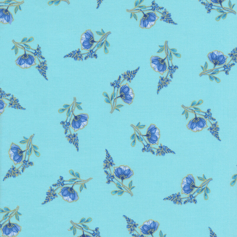 Metallic accent fabric of small flowers and leaves on an aqua background
