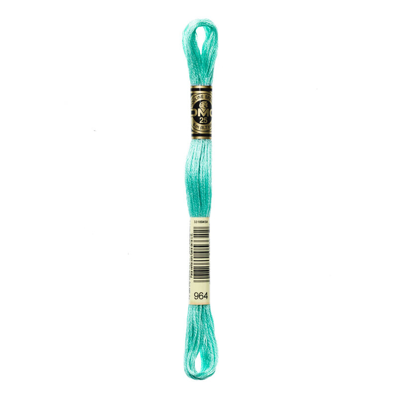 A skein of DMC 964 Light Sea Green 6 strand embroidery floss