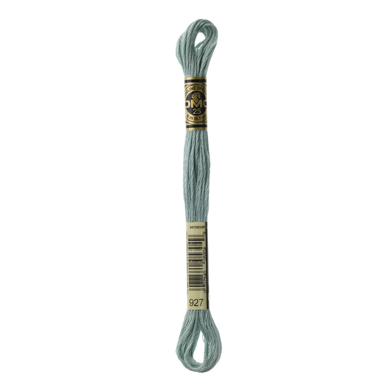A skein of DMC 927 Light Grey Green 6 strand embroidery floss