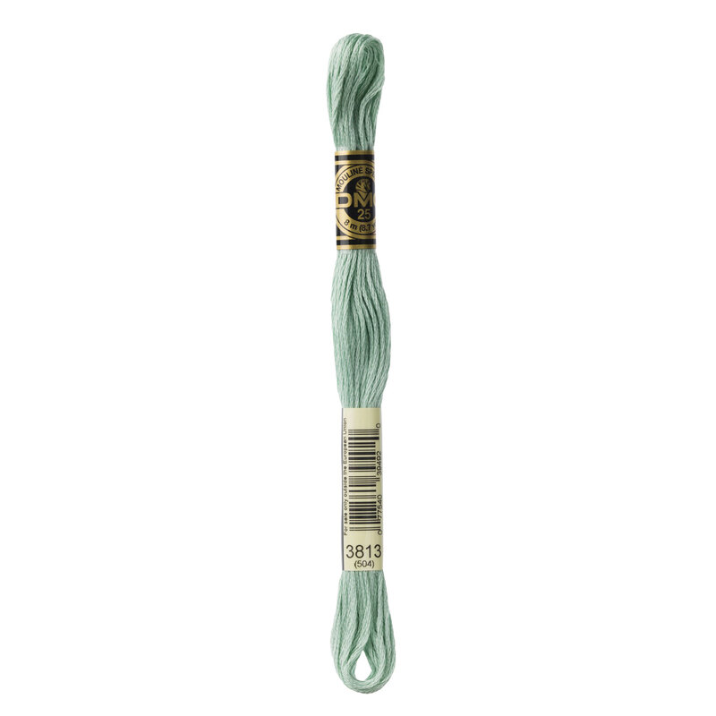 Close up image of DMC 3813 embroidery floss in its packaging