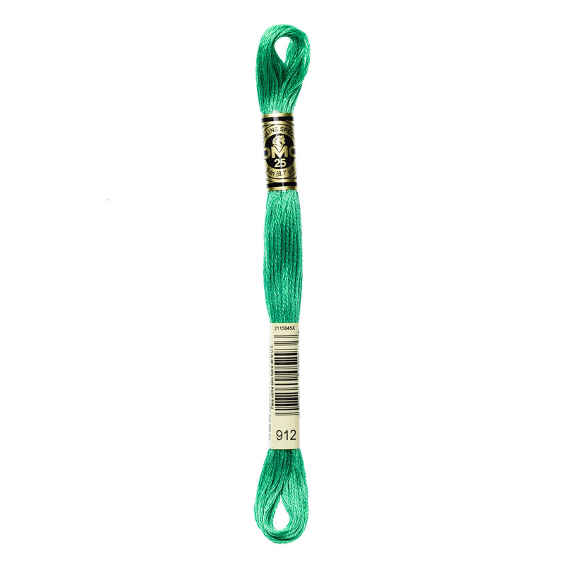 A skein of DMC 912 Light Emerald Green 6 strand embroidery floss
