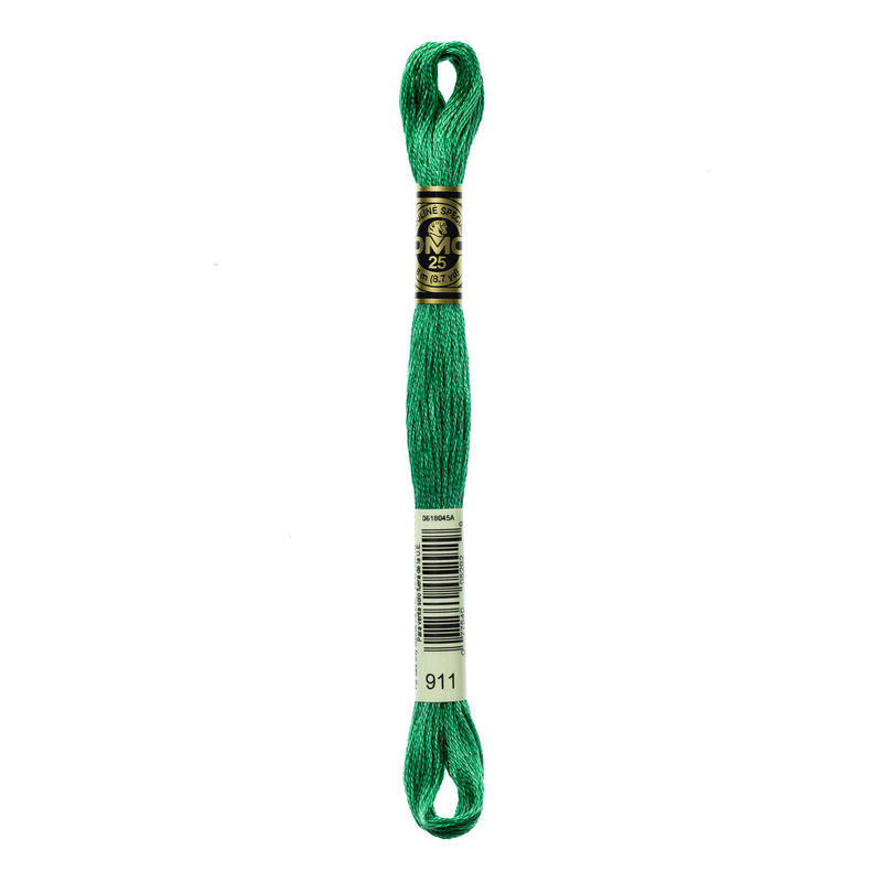 A skein of DMC 911 Medium Emerald Green 6 strand embroidery floss