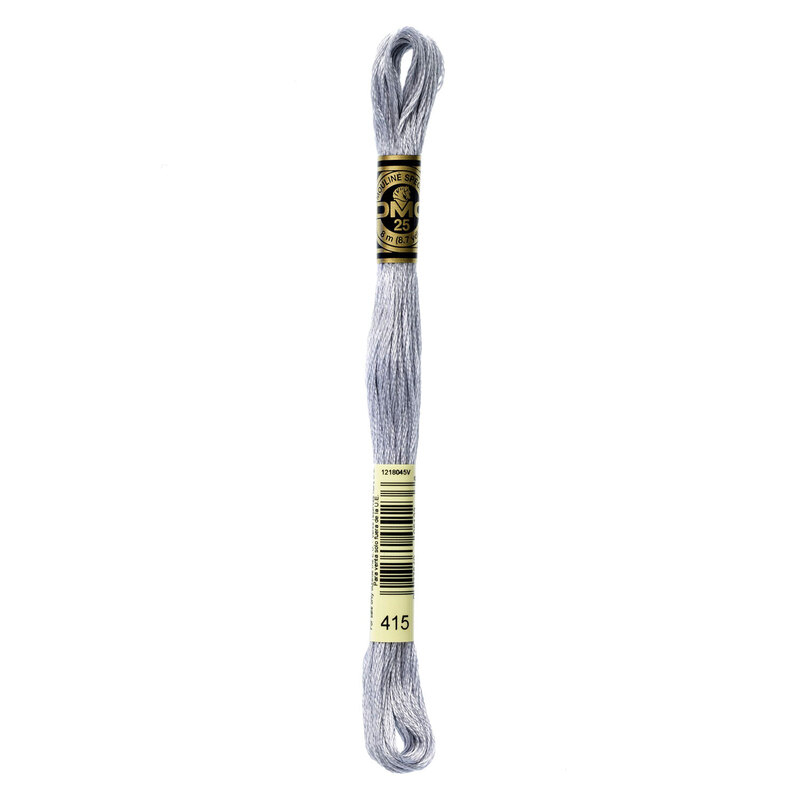 Close up image of DMC 415 embroidery floss in its packaging