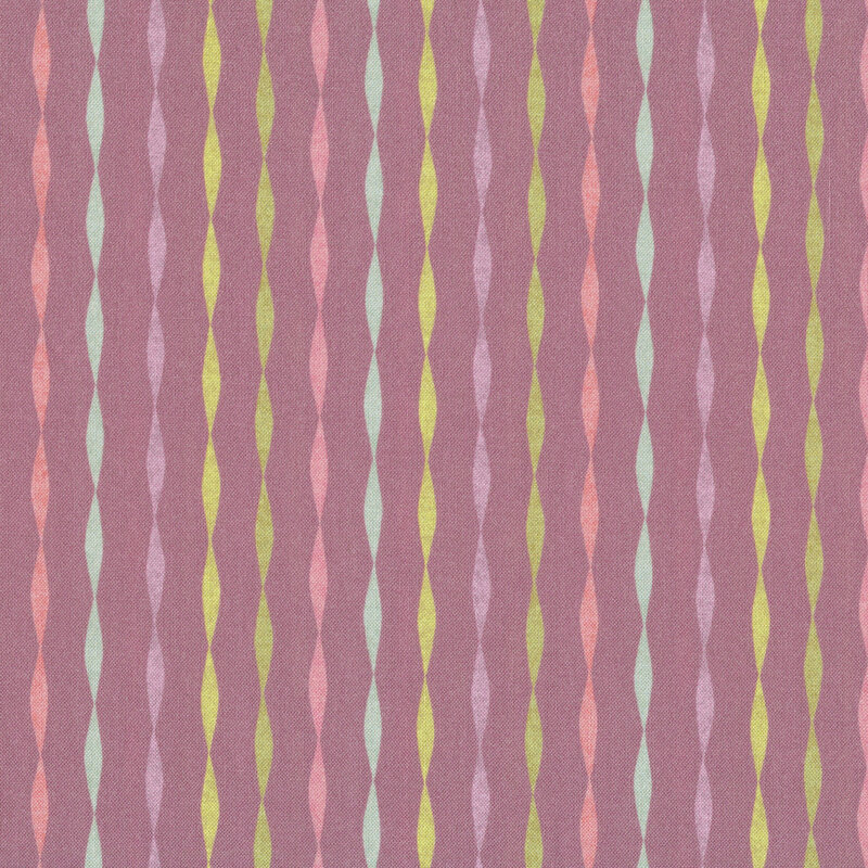 Fabric with a twisted stripe design of various colors on a purple background