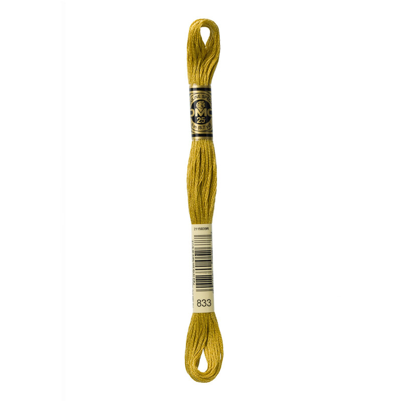 A skein of DMC 833 Light Golden Olive 6 strand embroidery floss