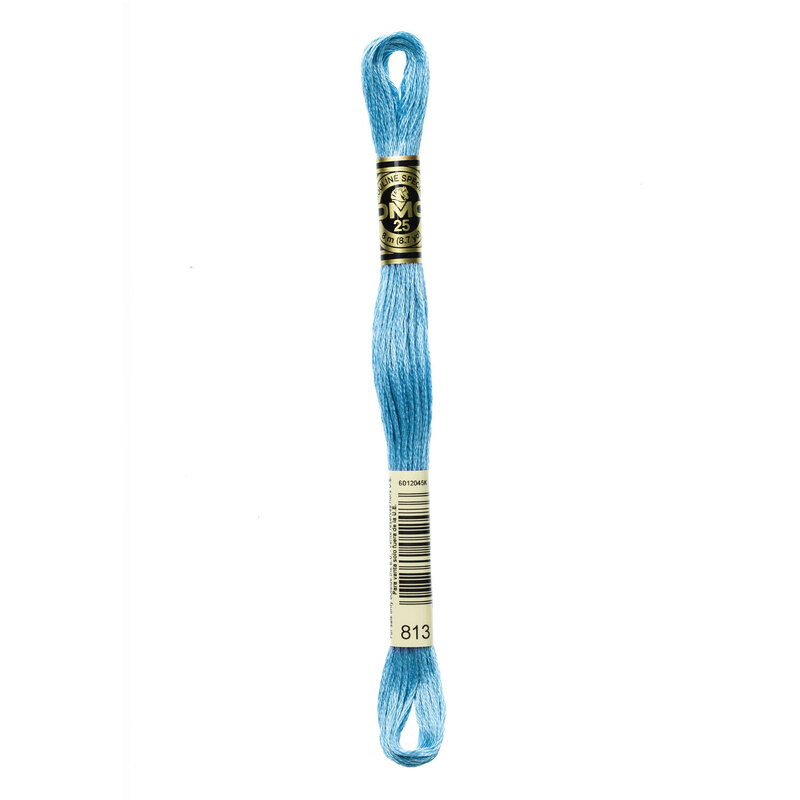 A skein of DMC 813 Light Blue 6 strand embroidery floss