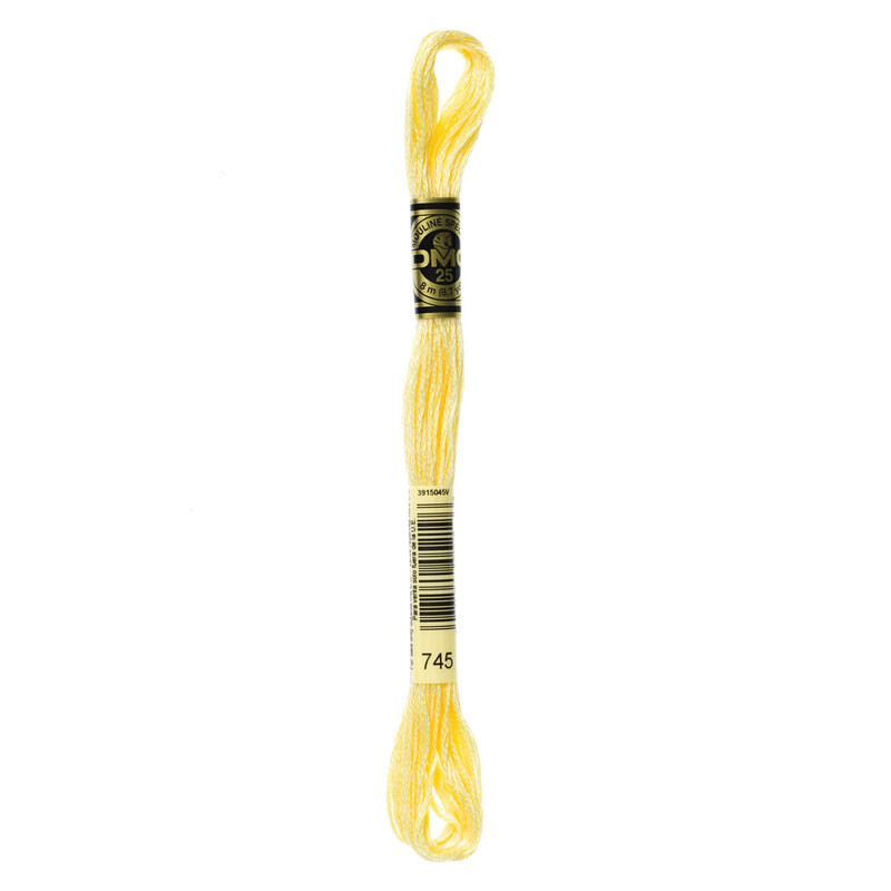 A skein of DMC 745 Light Pale Yellow 6 strand embroidery floss