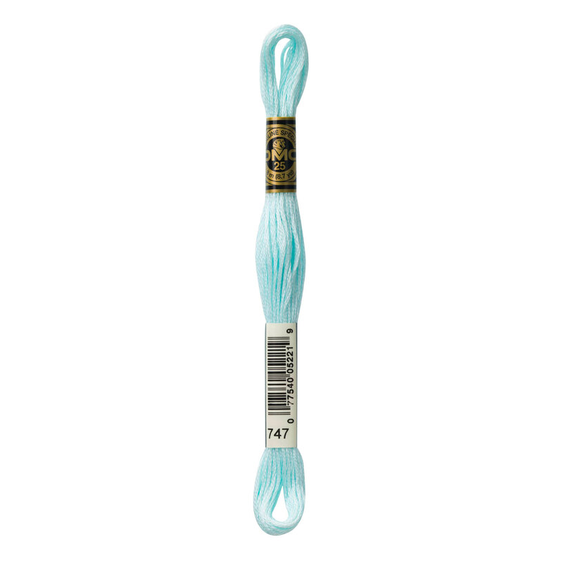 Close up image of DMC 747 Very Light Sky Blue embroidery floss in its packaging