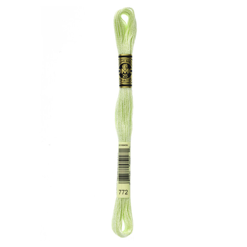 Close up image of DMC 772 Very Light Yellow Green embroidery floss in its packaging