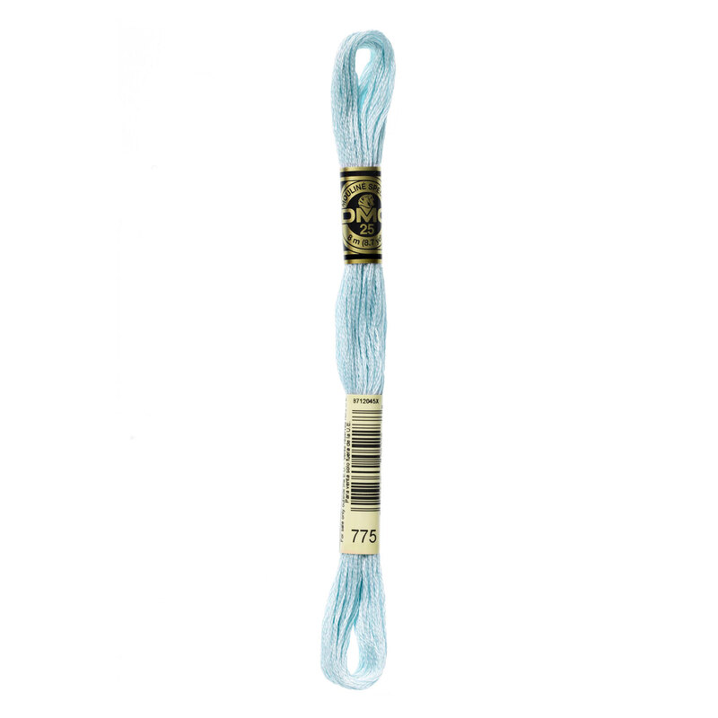 Close up image of DMC 775 Very Light Baby Blue embroidery floss in its packaging