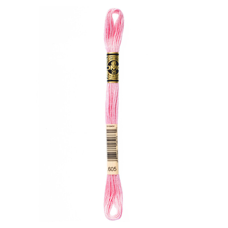 Close up image of DMC 605 Very Light Cranberry embroidery floss in its packaging