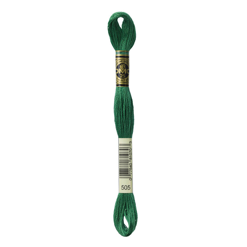 Close up image of DMC 505 Jade Green embroidery floss in its packaging