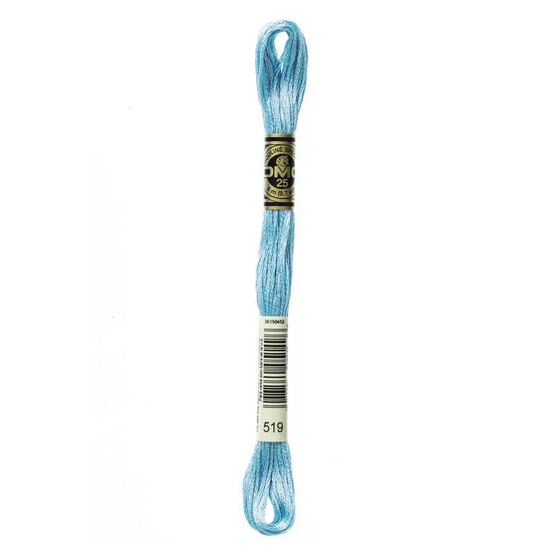 Close up image of DMC 519 Sky Blue embroidery floss in its packaging