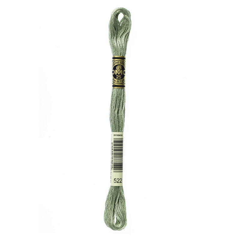 Close up image of DMC 522 Fern Green embroidery floss in its packaging