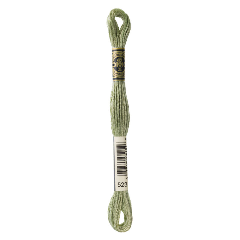 Close up image of DMC 523 Light Fern Green embroidery floss in its packaging